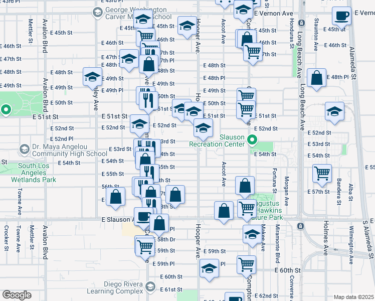 map of restaurants, bars, coffee shops, grocery stores, and more near 1249 East 54th Street in Los Angeles