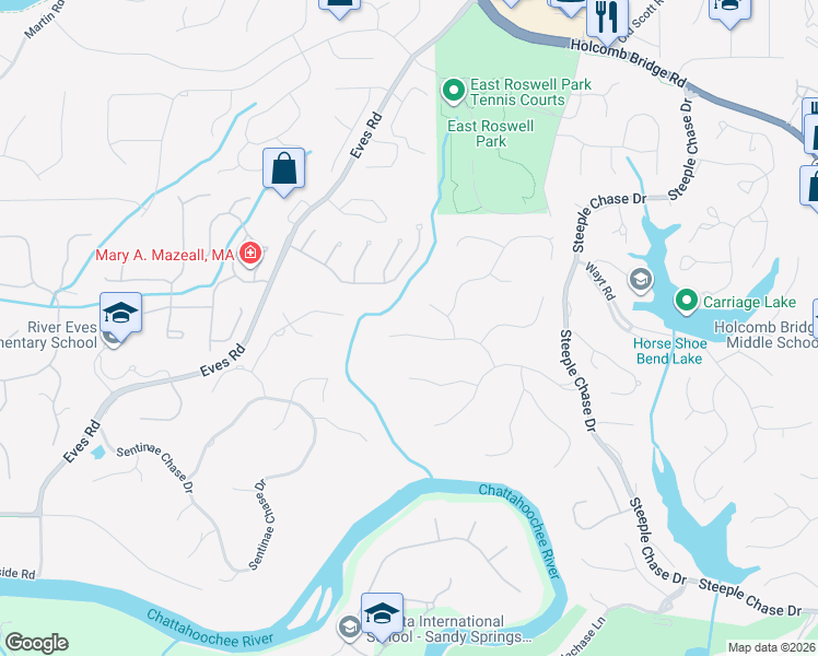 map of restaurants, bars, coffee shops, grocery stores, and more near 285 Chason Wood Way in Roswell