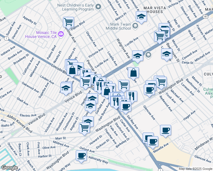map of restaurants, bars, coffee shops, grocery stores, and more near 2432 Penmar Avenue in Los Angeles