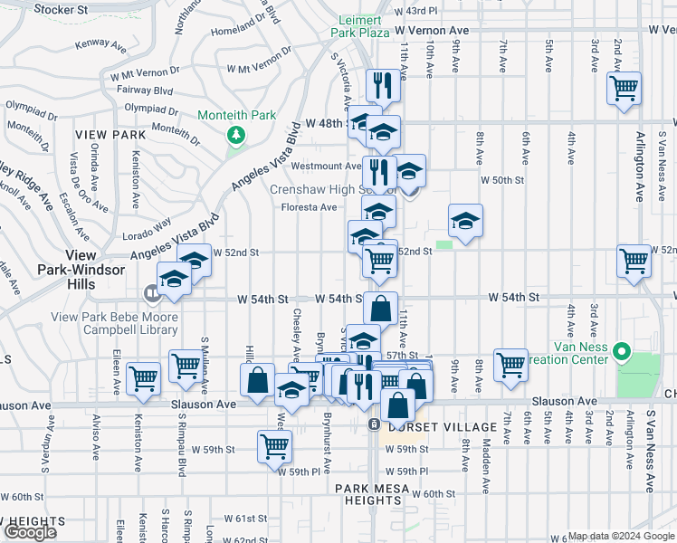 map of restaurants, bars, coffee shops, grocery stores, and more near 5325 South Victoria Avenue in Los Angeles