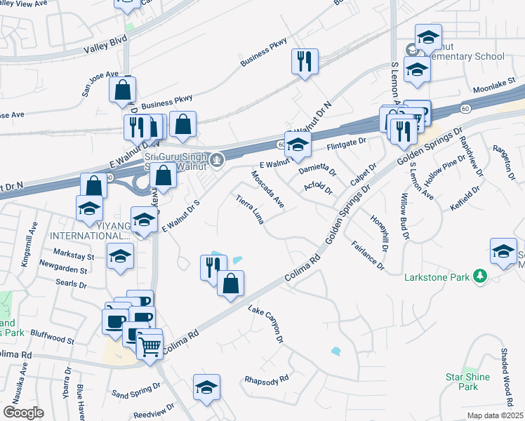map of restaurants, bars, coffee shops, grocery stores, and more near 1088 Tierra Luna in Walnut