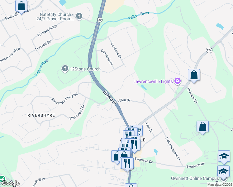 map of restaurants, bars, coffee shops, grocery stores, and more near 501 Woodland Ln in Lawrenceville