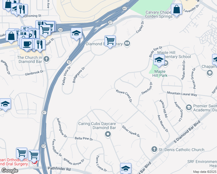map of restaurants, bars, coffee shops, grocery stores, and more near 1517 Eldertree Drive in Diamond Bar