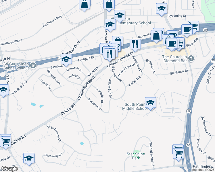 map of restaurants, bars, coffee shops, grocery stores, and more near 1347 Willowbud Drive in Walnut