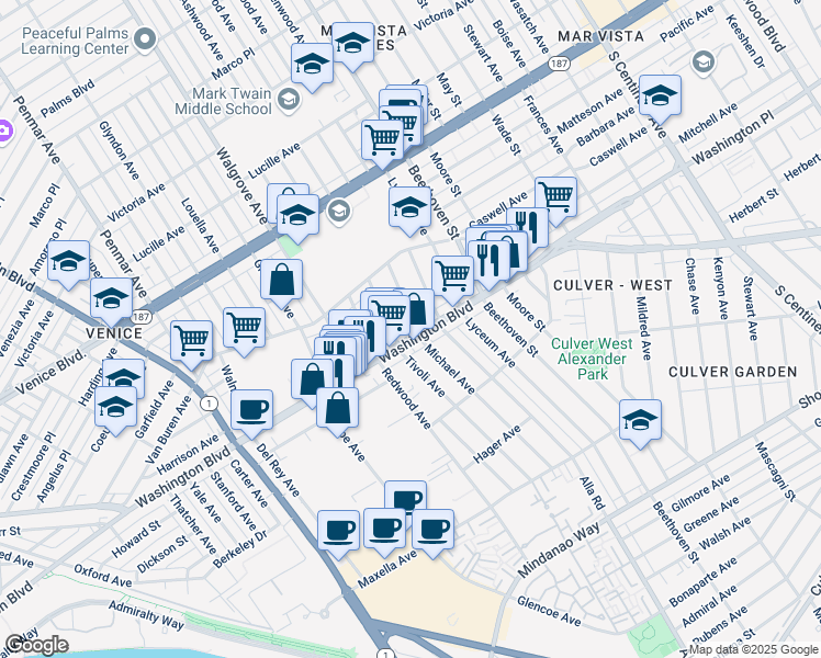 map of restaurants, bars, coffee shops, grocery stores, and more near 3965 Michael Avenue in Los Angeles