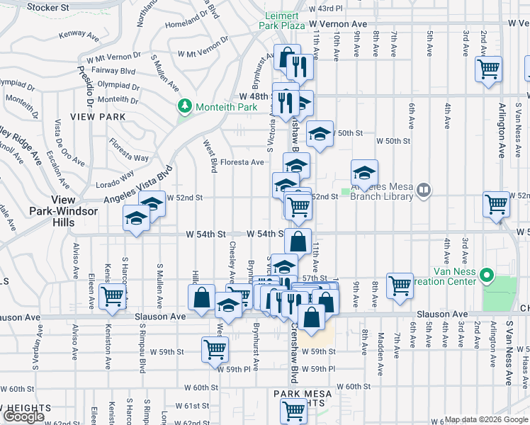 map of restaurants, bars, coffee shops, grocery stores, and more near 5325 South Victoria Avenue in Los Angeles