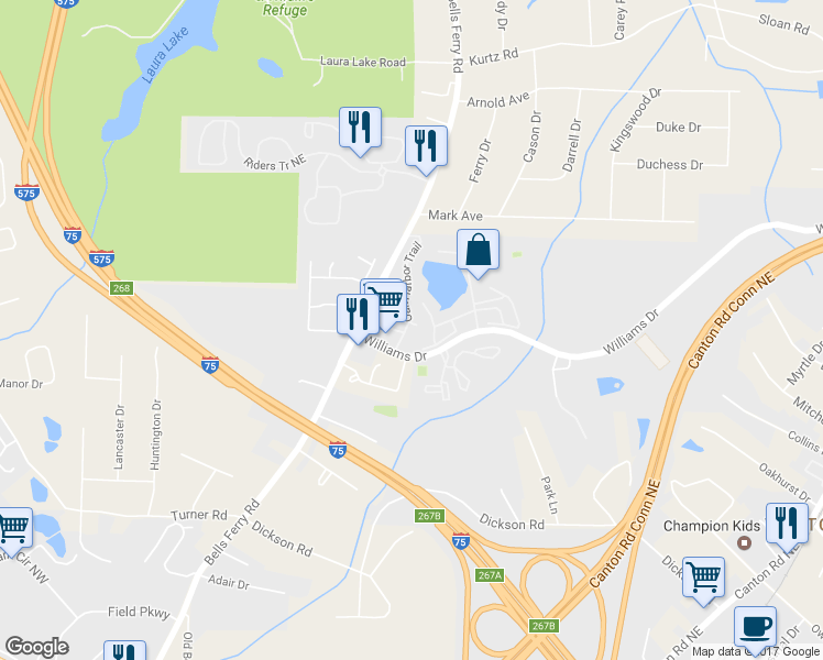 map of restaurants, bars, coffee shops, grocery stores, and more near 405 Oak Harbor Court in Marietta