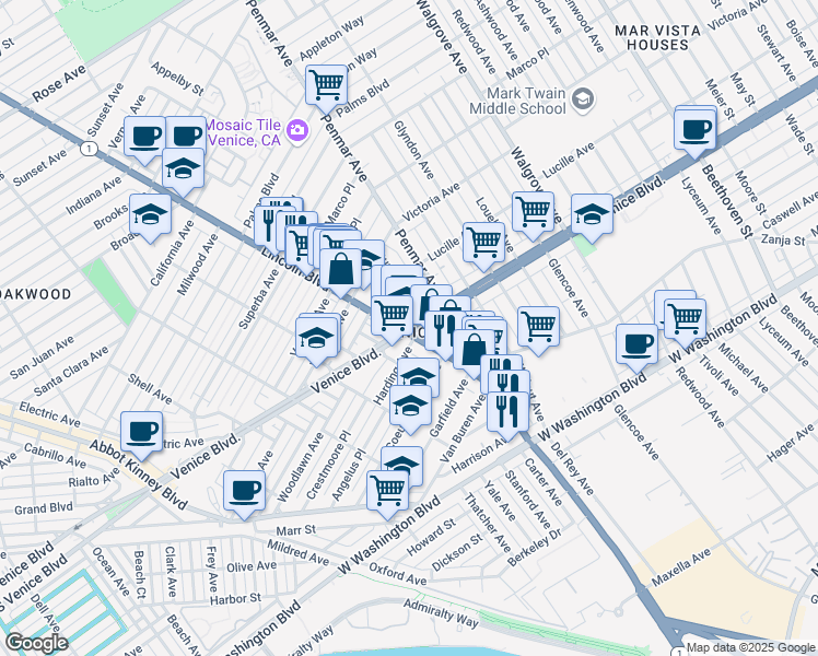 map of restaurants, bars, coffee shops, grocery stores, and more near 1007 Venice Boulevard in Los Angeles