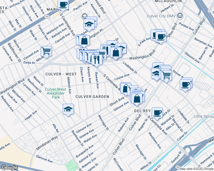 map of restaurants, bars, coffee shops, grocery stores, and more near 4316 Westlawn Avenue in Los Angeles