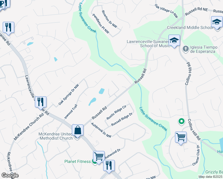 map of restaurants, bars, coffee shops, grocery stores, and more near 305 Leatherwood Court in Lawrenceville