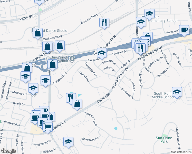 map of restaurants, bars, coffee shops, grocery stores, and more near 1183 Moscada Avenue in Walnut