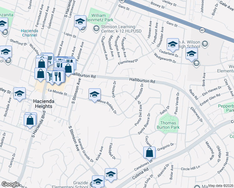 map of restaurants, bars, coffee shops, grocery stores, and more near 16151 La Monde Street in Hacienda Heights