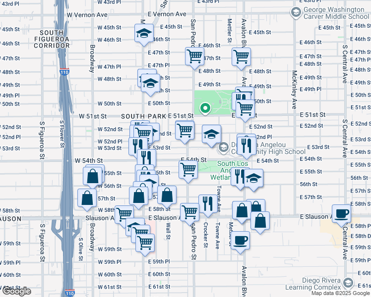 map of restaurants, bars, coffee shops, grocery stores, and more near 243 East 53rd Street in Los Angeles