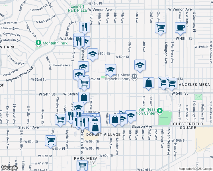 map of restaurants, bars, coffee shops, grocery stores, and more near 5317 9th Avenue in Los Angeles