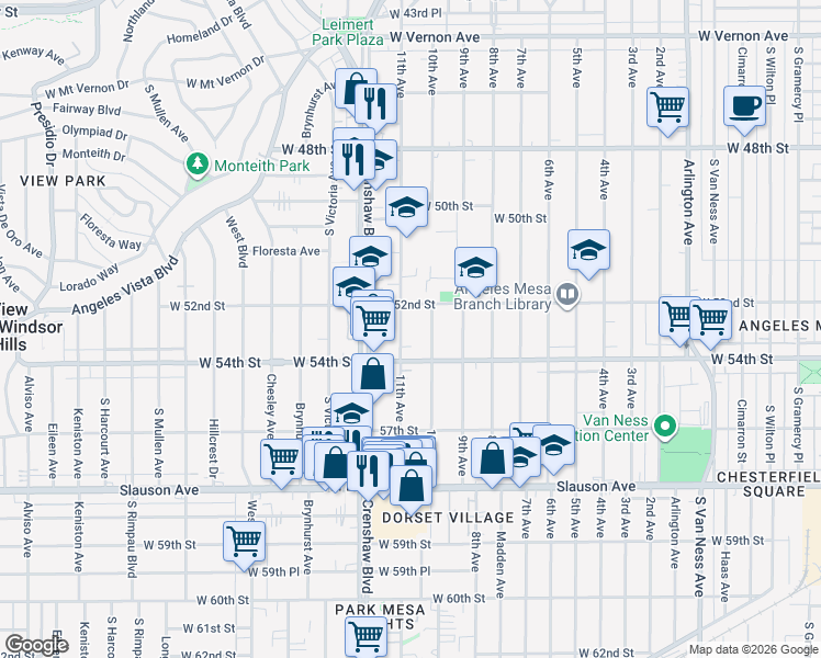map of restaurants, bars, coffee shops, grocery stores, and more near 5314 11th Avenue in Los Angeles