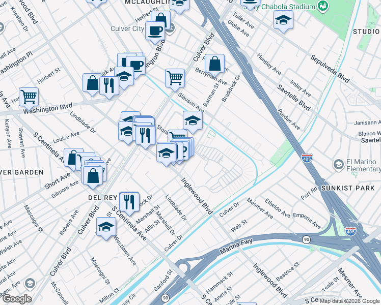 map of restaurants, bars, coffee shops, grocery stores, and more near 11780 Braddock Drive in Los Angeles