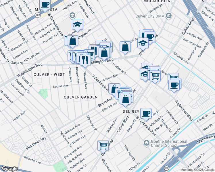 map of restaurants, bars, coffee shops, grocery stores, and more near in Los Angeles