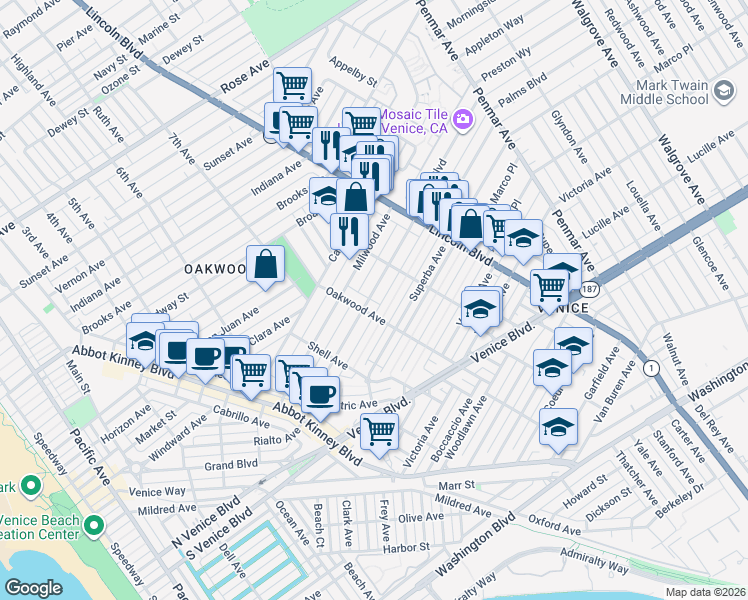 map of restaurants, bars, coffee shops, grocery stores, and more near 823 Palms Boulevard in Los Angeles