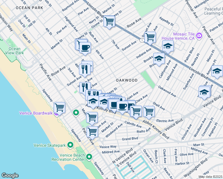 map of restaurants, bars, coffee shops, grocery stores, and more near 512 Brooks Avenue in Los Angeles