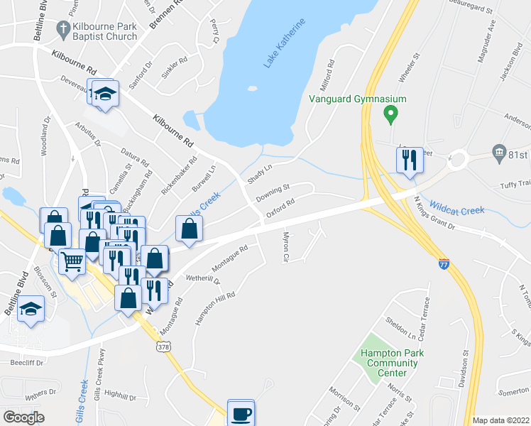 map of restaurants, bars, coffee shops, grocery stores, and more near 4615 Oxford Road in Columbia