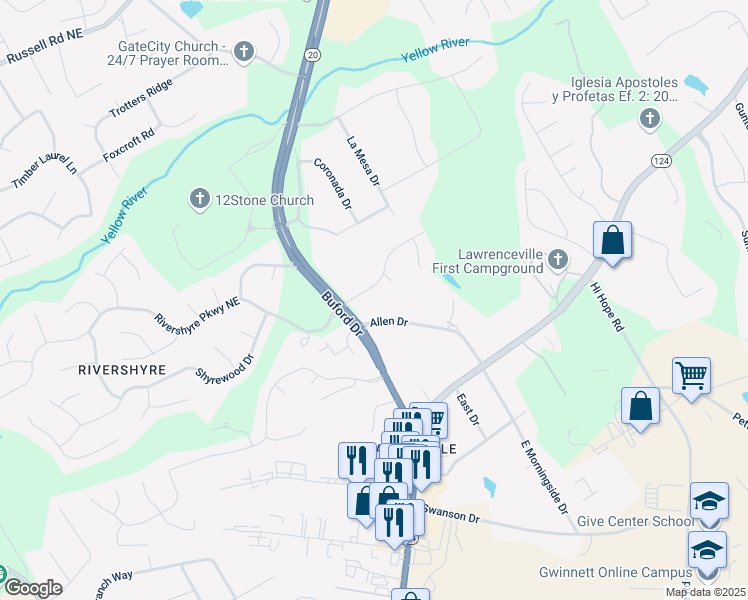 map of restaurants, bars, coffee shops, grocery stores, and more near 509 Woodland Lane in Lawrenceville