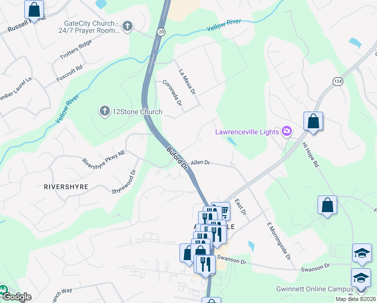 map of restaurants, bars, coffee shops, grocery stores, and more near 501 Woodland Lane in Lawrenceville