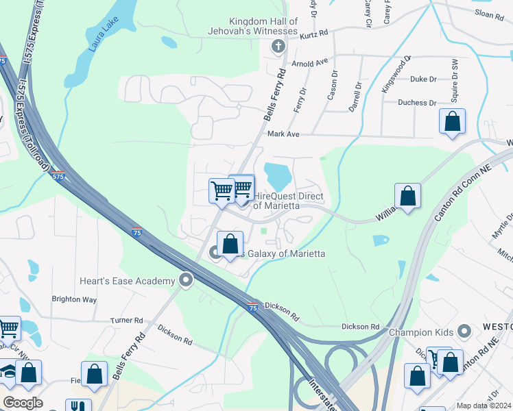map of restaurants, bars, coffee shops, grocery stores, and more near 405 Oak Harbor Court in Marietta