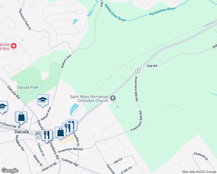 map of restaurants, bars, coffee shops, grocery stores, and more near 2864 Winder Highway in Dacula