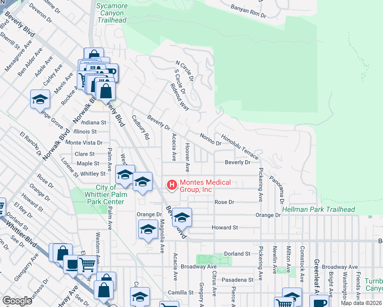map of restaurants, bars, coffee shops, grocery stores, and more near 5523 Hoover Avenue in Whittier