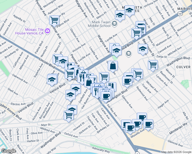 map of restaurants, bars, coffee shops, grocery stores, and more near 2440 Walnut Avenue in Los Angeles