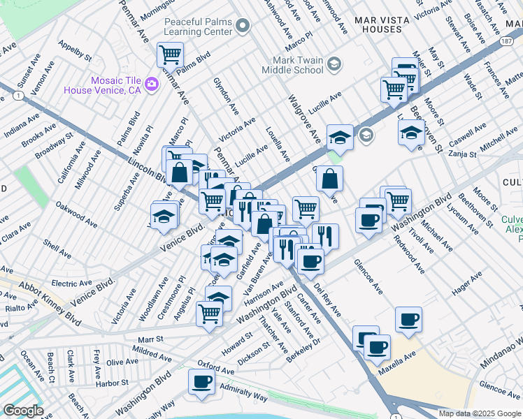 map of restaurants, bars, coffee shops, grocery stores, and more near 2432 Penmar Avenue in Los Angeles