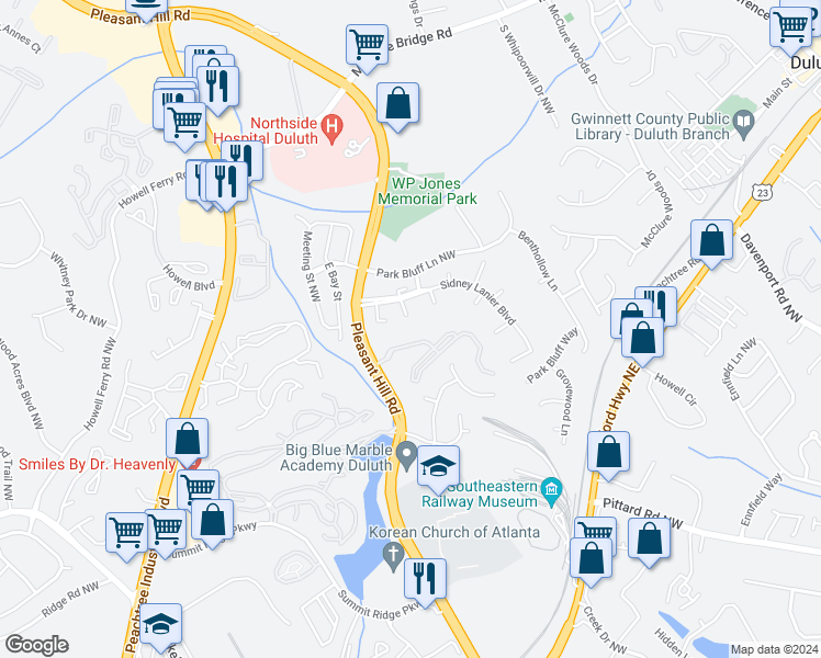map of restaurants, bars, coffee shops, grocery stores, and more near 3604 Chattahoochee Court in Duluth