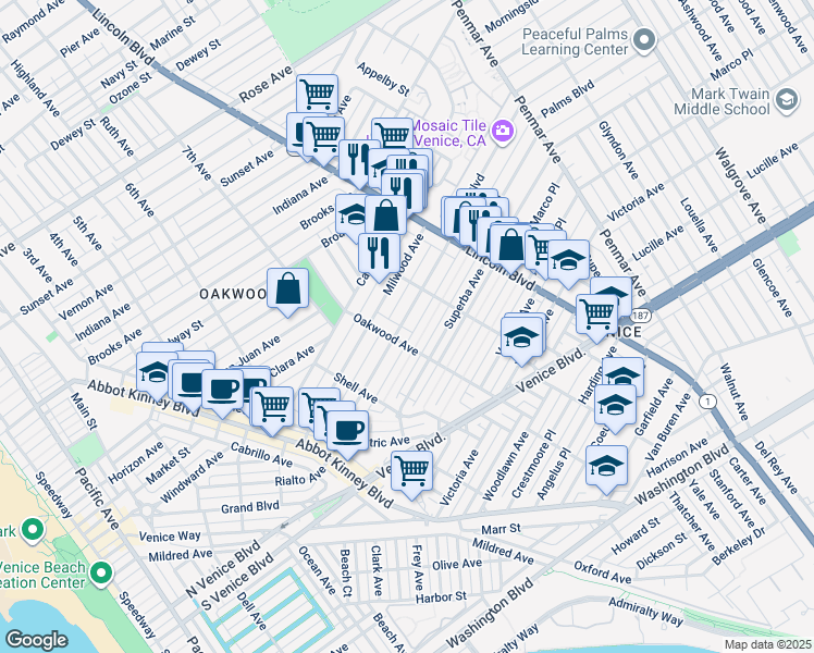 map of restaurants, bars, coffee shops, grocery stores, and more near 823 Palms Boulevard in Los Angeles
