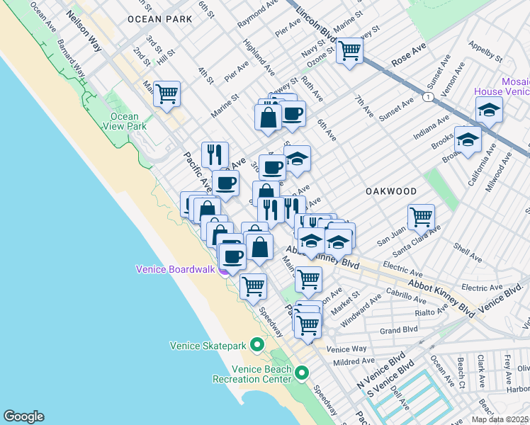 map of restaurants, bars, coffee shops, grocery stores, and more near 615 Hampton Drive in Los Angeles