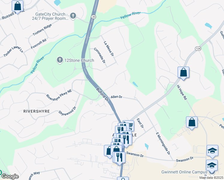 map of restaurants, bars, coffee shops, grocery stores, and more near 509 Woodland Lane in Lawrenceville