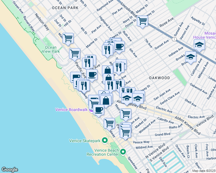 map of restaurants, bars, coffee shops, grocery stores, and more near 295 Vernon Avenue in Los Angeles