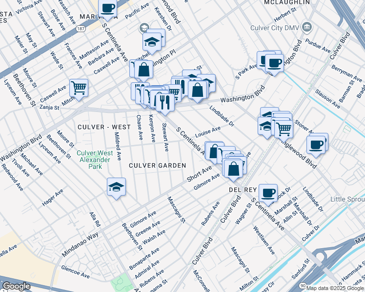 map of restaurants, bars, coffee shops, grocery stores, and more near 4316 Westlawn Avenue in Los Angeles