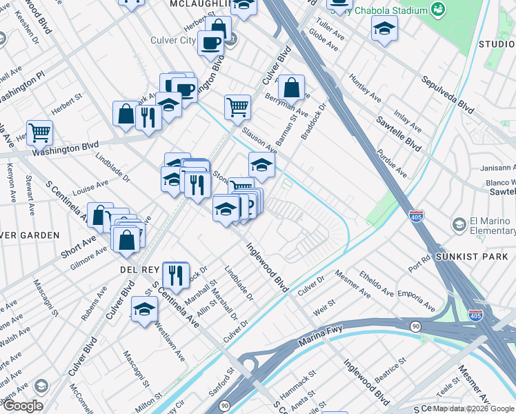 map of restaurants, bars, coffee shops, grocery stores, and more near 11780 Braddock Drive in Los Angeles
