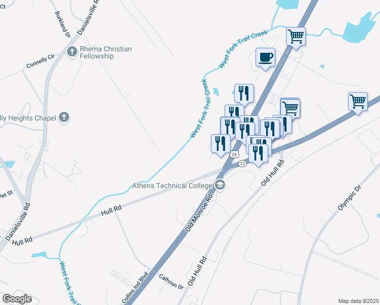 map of restaurants, bars, coffee shops, grocery stores, and more near 469 Hull Road in Athens