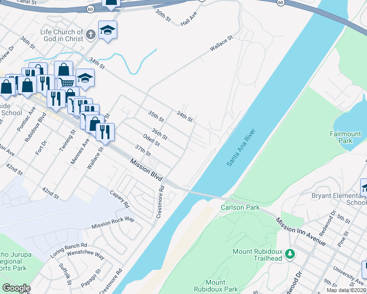 map of restaurants, bars, coffee shops, grocery stores, and more near 3591 Crestmore Road in Riverside