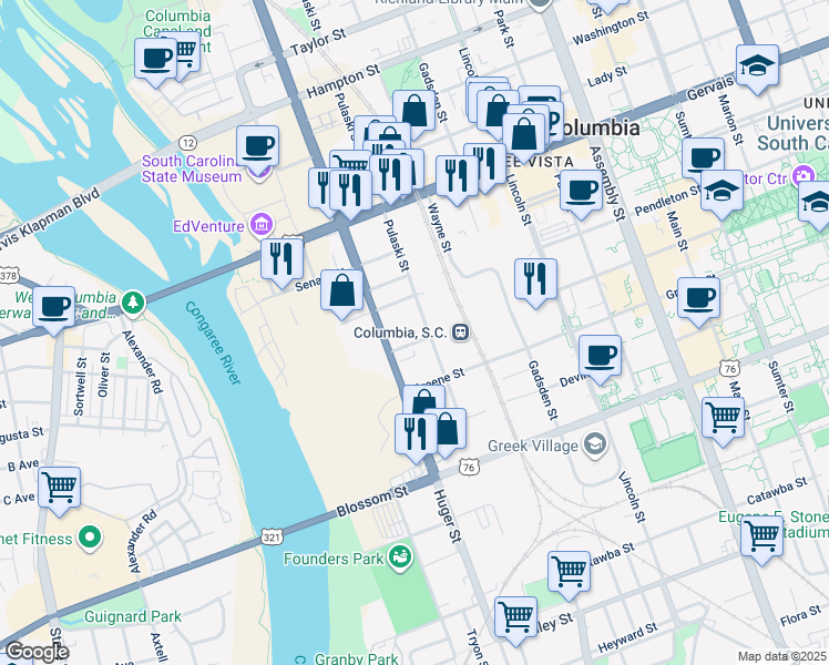 map of restaurants, bars, coffee shops, grocery stores, and more near 521 College Street in Columbia