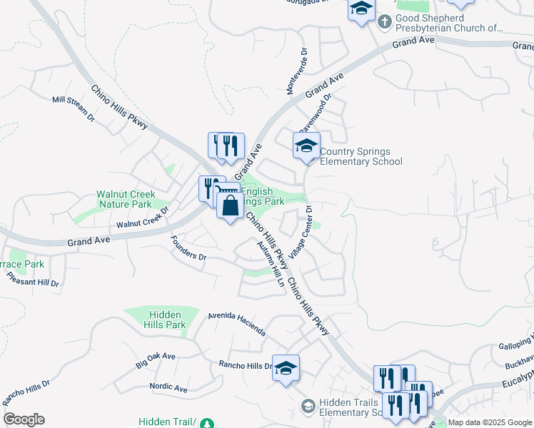 map of restaurants, bars, coffee shops, grocery stores, and more near 2212 Park Vista Lane in Chino Hills