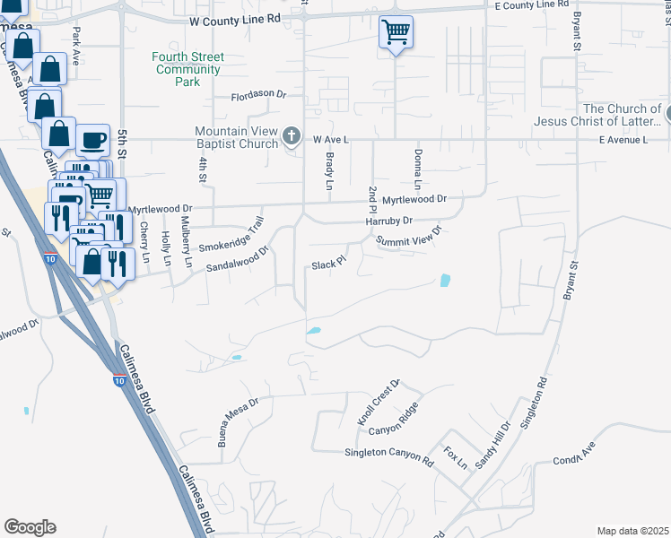 map of restaurants, bars, coffee shops, grocery stores, and more near 1235 Ruby Lane in Calimesa