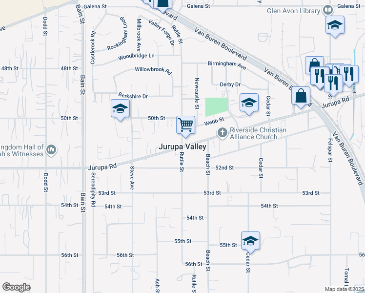 map of restaurants, bars, coffee shops, grocery stores, and more near 6130 Camino Real in Riverside