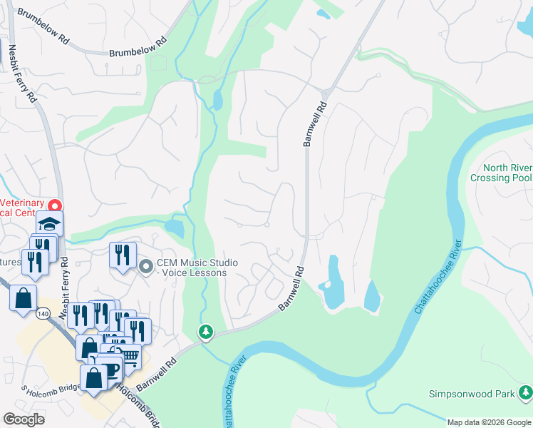 map of restaurants, bars, coffee shops, grocery stores, and more near 315 Spyglass Bluff in Alpharetta