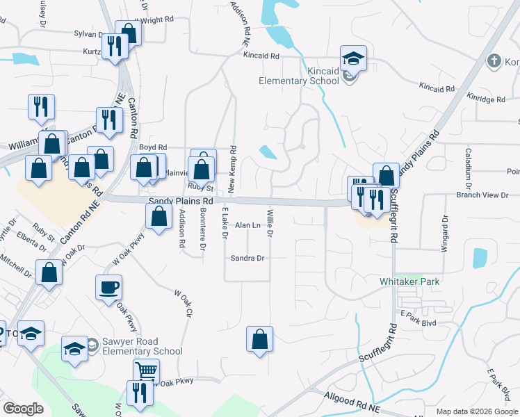 map of restaurants, bars, coffee shops, grocery stores, and more near 1806 Sandy Plains Road in Marietta