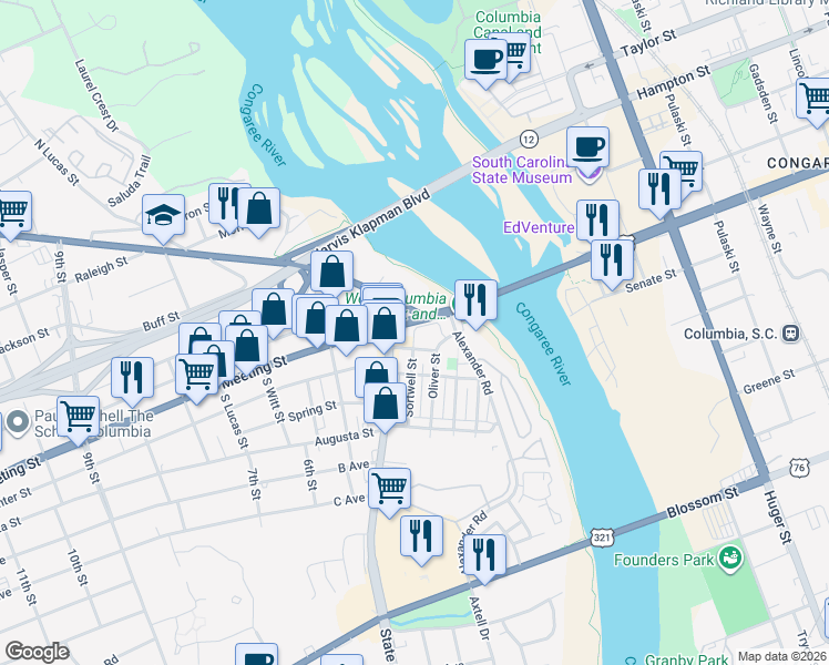 map of restaurants, bars, coffee shops, grocery stores, and more near 2126 Trade Street in West Columbia