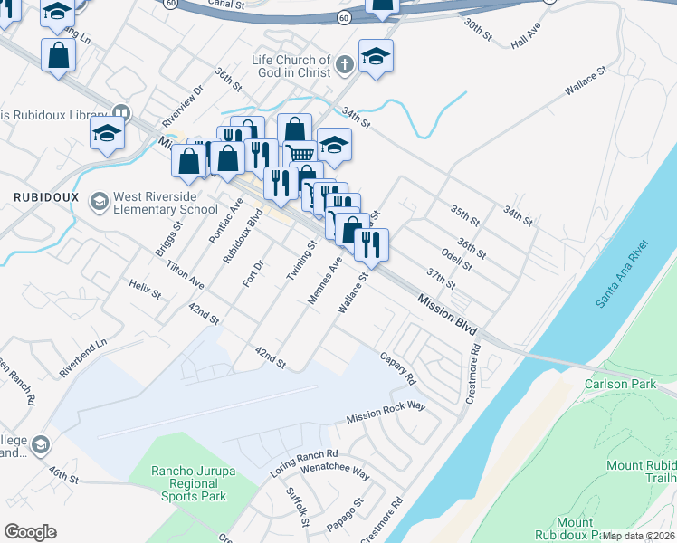 map of restaurants, bars, coffee shops, grocery stores, and more near 3854 Mennes Avenue in Riverside