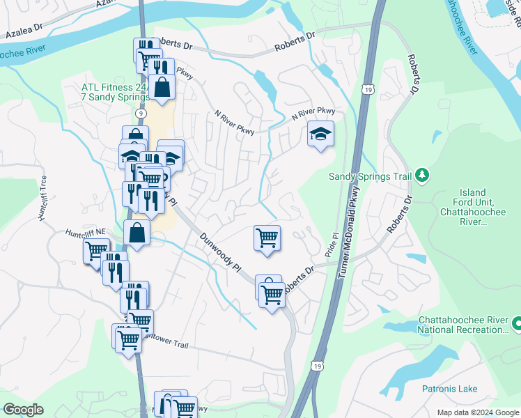 map of restaurants, bars, coffee shops, grocery stores, and more near 1101 Summit Place Drive in Sandy Springs