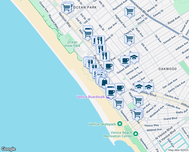 map of restaurants, bars, coffee shops, grocery stores, and more near 300 Ocean Front Walk in Los Angeles